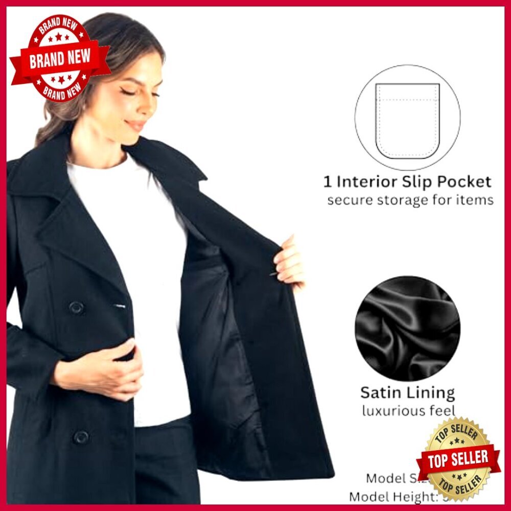 Women's Wool Blend Peacoat Double-Breasted 3/4 Length Overcoat Warm - Picture 5 of 7